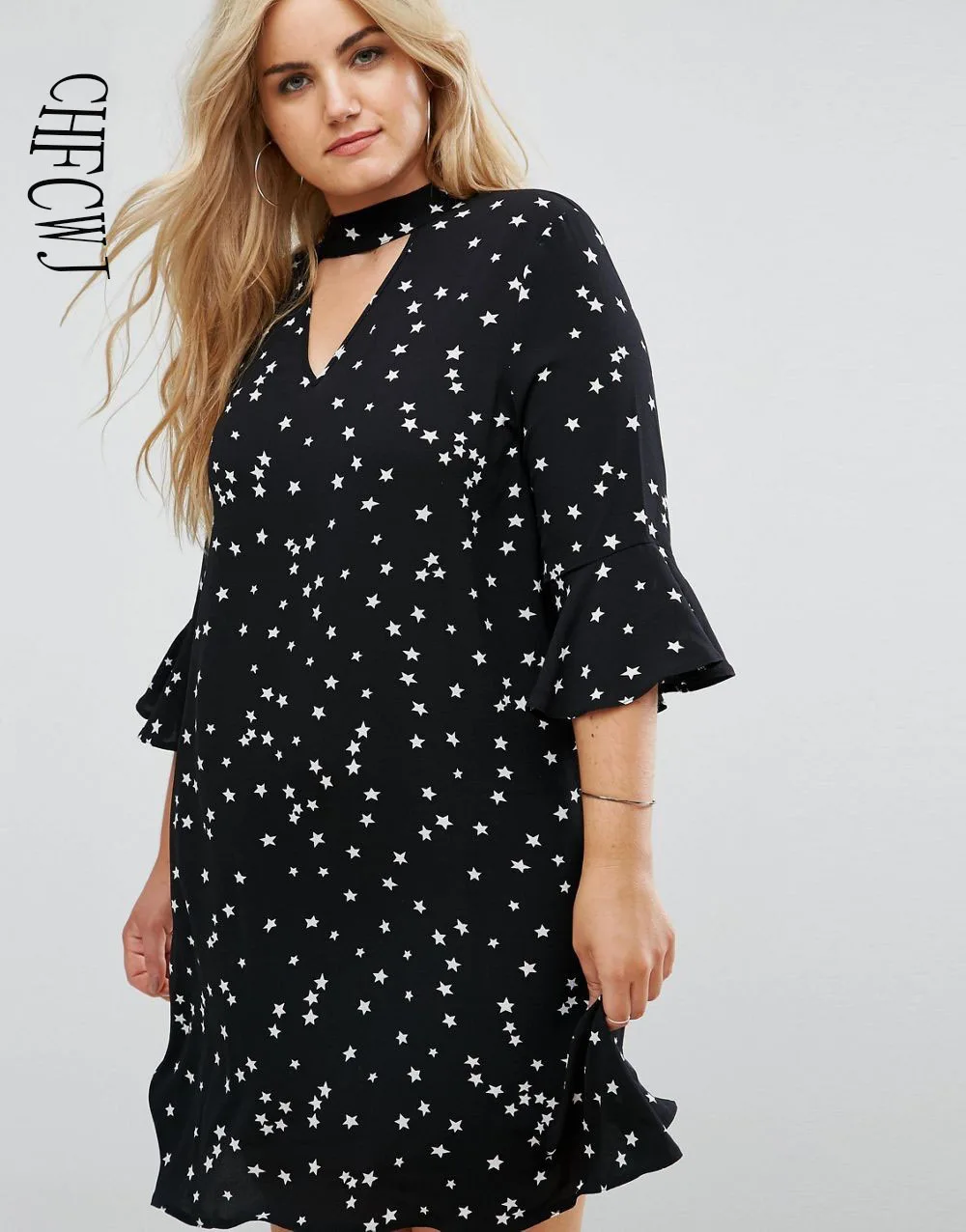 2017 New Womens Plus Size Print Dress Three Quarter Sleeve And Above Knee Empire O-Neck In Summer | Женская одежда