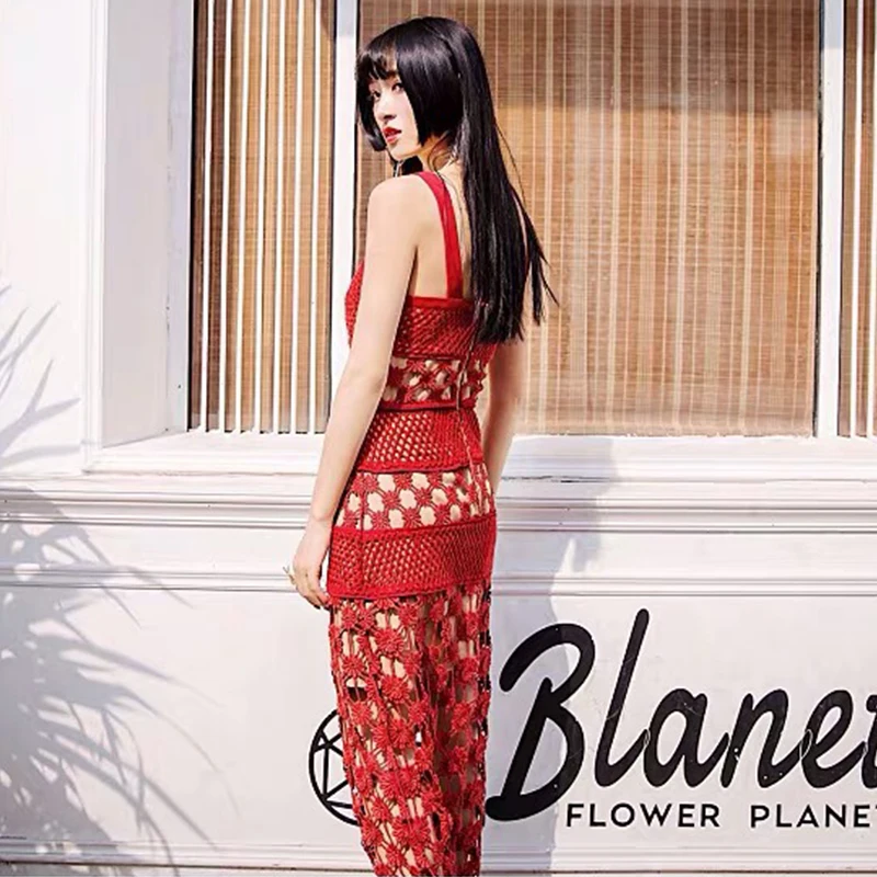 Self Portrait Women Dress Runway Lace Long Party Hollow Out Knit Patchwork Spaghetti Strap White Red Vestidos | Женская одежда