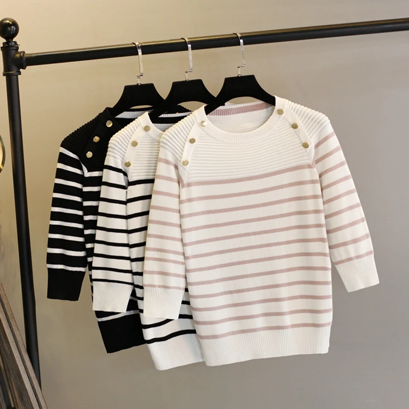 Women striped Pullover Sweater 2019 Spring Autumn Half Sleeve Pullovers Button Decorate Striped Knitted Sweaters Female Topss | Женская