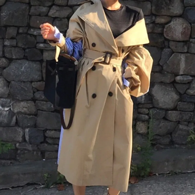 

2020 New Fashion Korean Autumn Winter Trench Coats Double-breasted Oversize Coat Sleeve Joint Stripe Chic Loose Coat