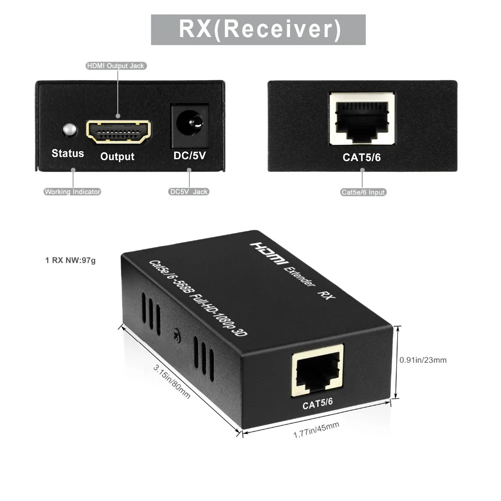 Aikexin 4 порта HDMI удлинитель 60 м 1X4 сплиттер по CAT5e/CAT6/CAT7 Ethernet кабель до to196ft (1 TX +