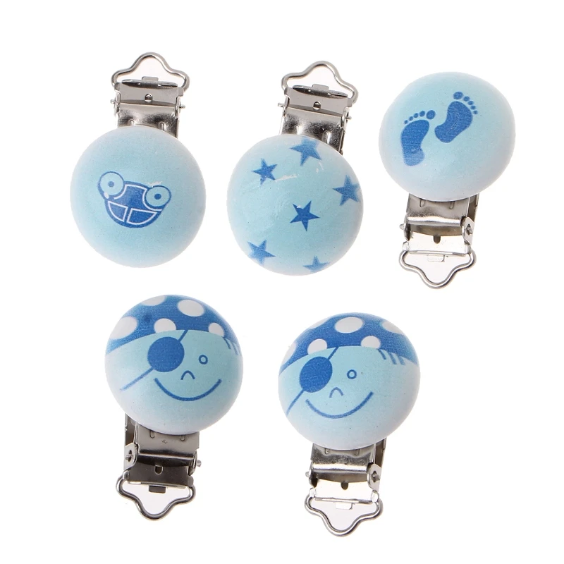 

OOTDTY 5PCS Wooden Baby Pacifier Clips Mixed Cartoon Holders Cute Infant Soother Clasps Holders Clips For Baby Shower Gift