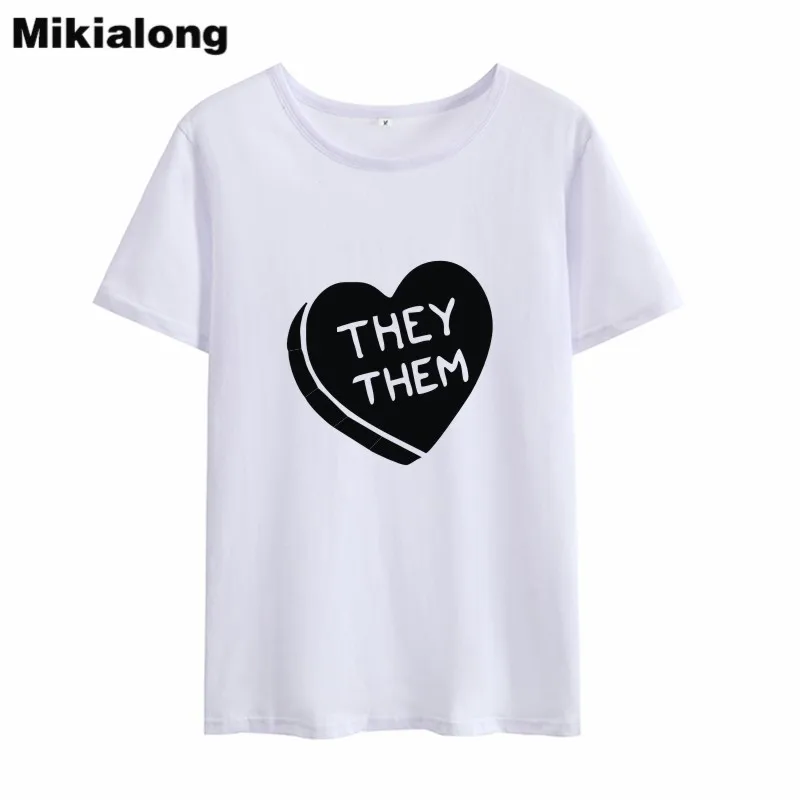 MIkialong They Them Heart T Shirt Women 2018 Black White Cotton Basic Tshirt Top Kawaii Graphic Camisetas Mujer | Женская одежда