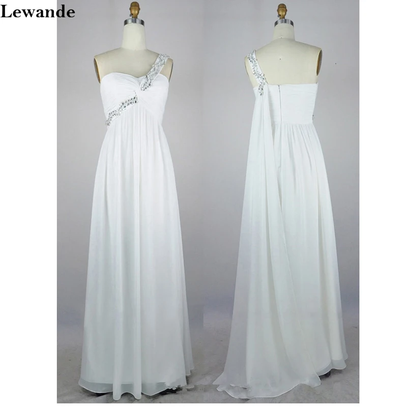 Lewande Рукавов A Line Одно Плечо Шифон Белый длиной до пола Бисероплетение Складки
