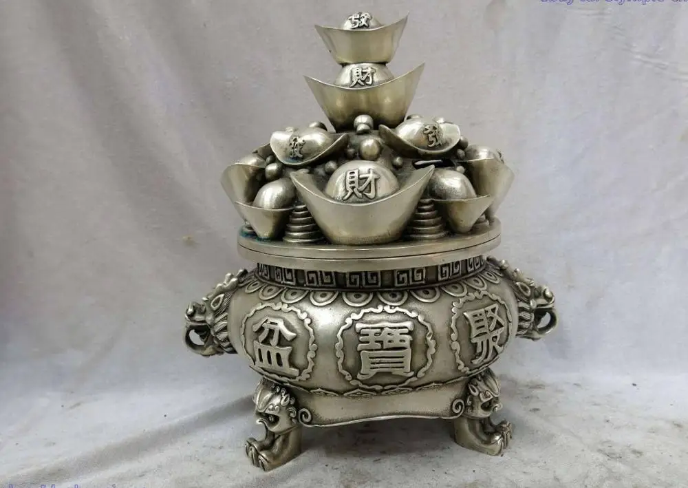 

10" China silver carved finely money dragon treasure bowl Sculpture Statue