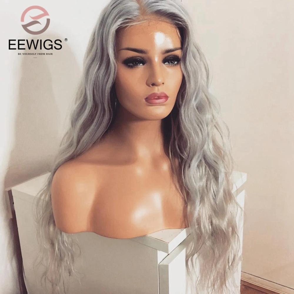 EEWIGS 180 плотность свободные волнистые парики термостойкие серебристо-серые синтетические парики на кружеве со средней частью парики для черных женщин