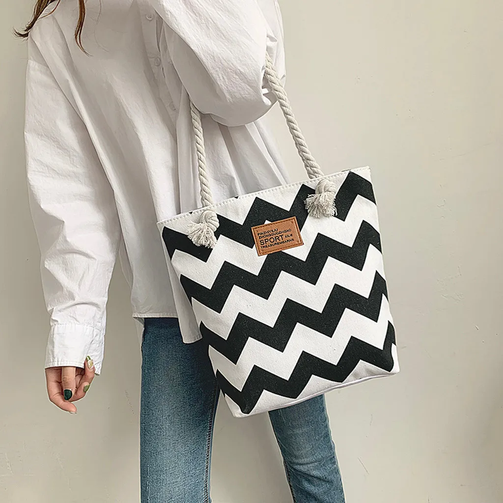 New Casual Women Striped Large Capacity Tote Canvas Shoulder Bag Shopping Bag Beach Bags Casual Tote Bolsa Feminina#H10