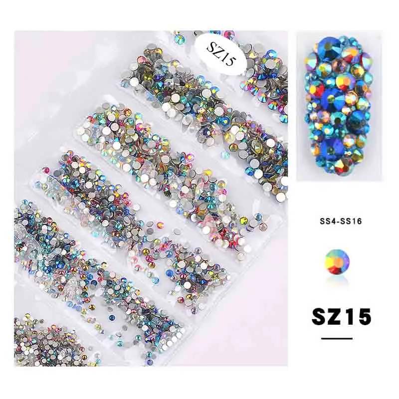 1 упаковка украшения для ногтей блестящие кристаллы SS4-SS16 плоские с оборота Стразы 3D разноцветные стразы для дизайна ногтей ювелирные изделия AB аксессуары - Цвет: SZ15