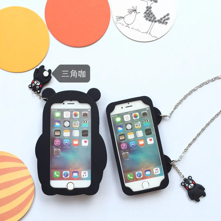 Cute Cartoon Kumamoto Bear Soft Silicone Phone Case for X 6 6s 7 Black 8 plus All-inclusive Back Cover Metal lanyard C0 |