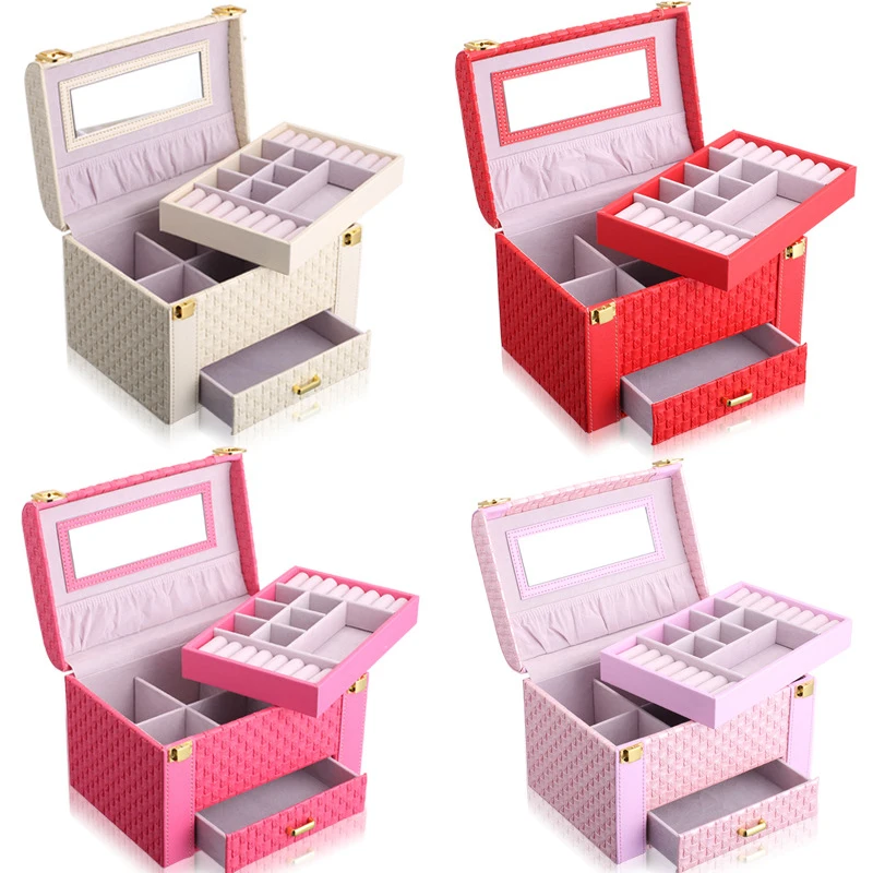 

Three Layers 2018 Classical High Quality Leather Jewelry Box cosmetics Exquisite Makeup Case Jewelry Organizer Fashion Gift Box