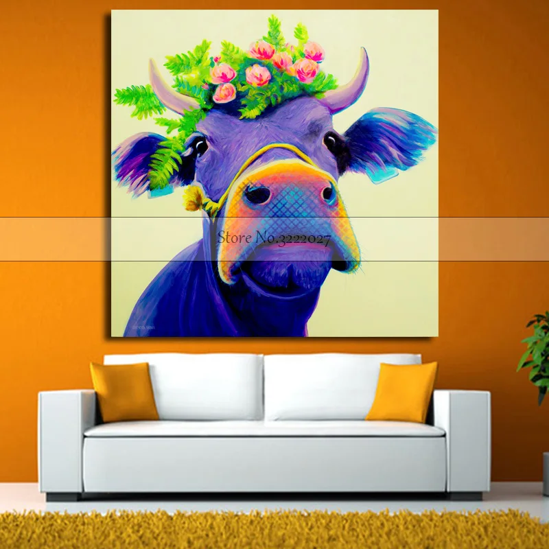 Холст PaintingHome Декор стены Искусство синяя корова животное картина маслом квардро