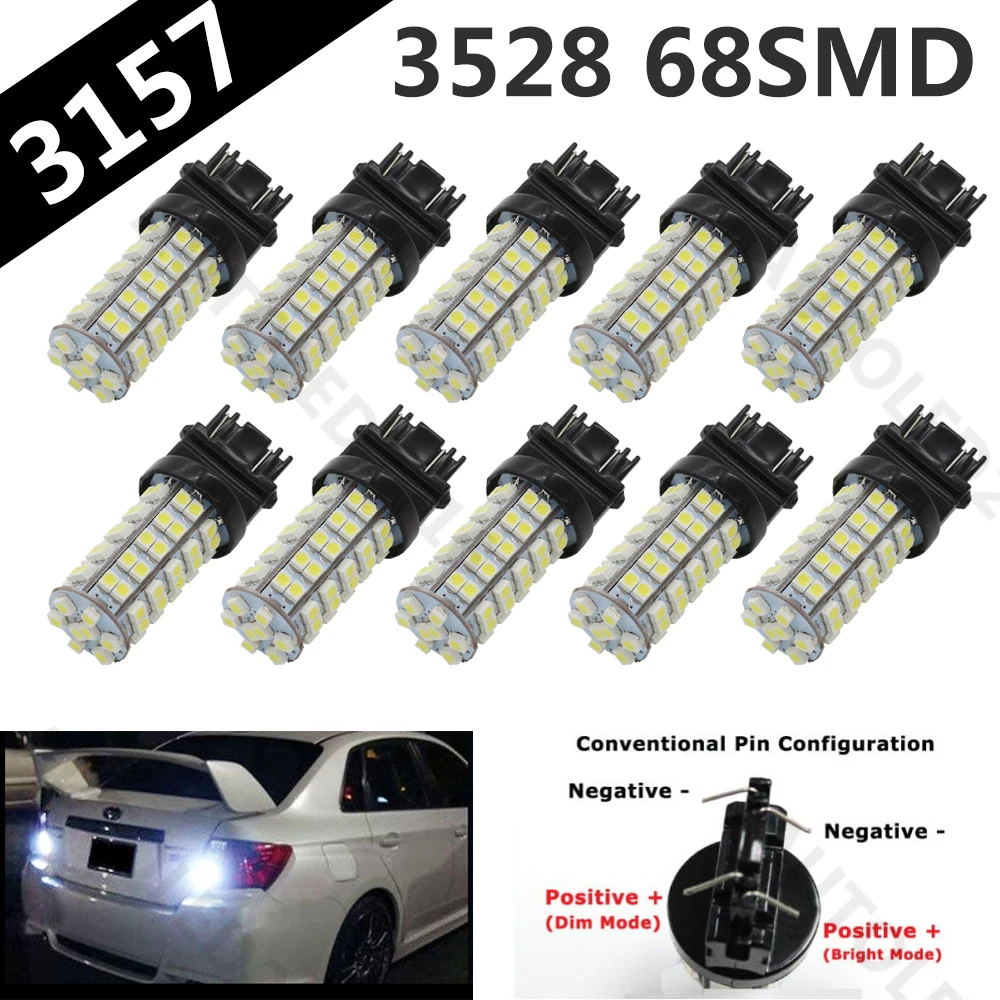 

10pcs 3157 T25 LED 68 SMD 3528 LED Bulbs White Signal Light Lamps For Car Auto Brake Tail Stop Lights Tail Reverse Backup Lights
