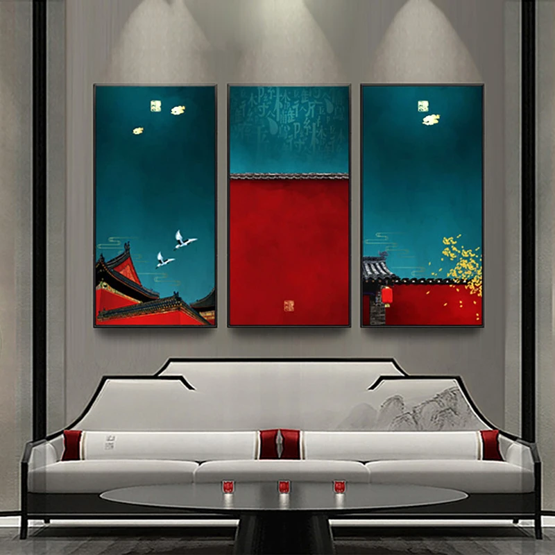 

New Chinese Style Vintage High-grade Canvas Print Flowers And Birds Landscape Architectural Decorative Painting Home Mural Arts