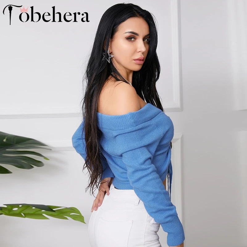 Glamaker Off shoulder blue long sleeve sweater Women drawstring sexy thin crop Knitted high fashion 2019 autumn jumper |
