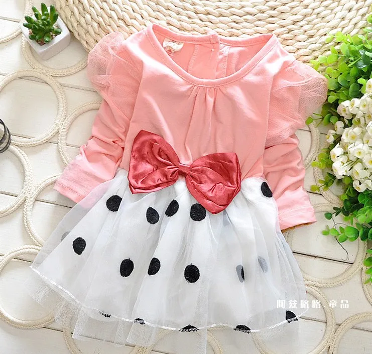 New boats sleeve cotton autumn dot bow veil 2014 new girls tutu dress free shipping | Мать и ребенок