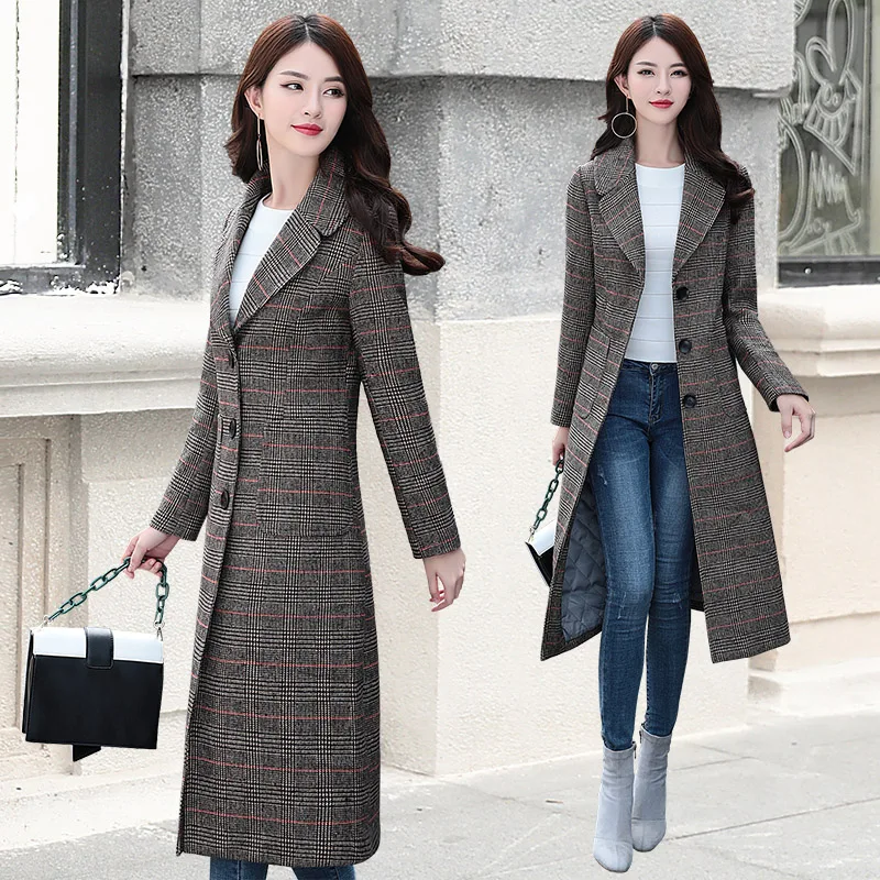 

Autumn and winter women's woolen coat long section slim slimming popular thickening warm houndstooth woolen coat JQ710