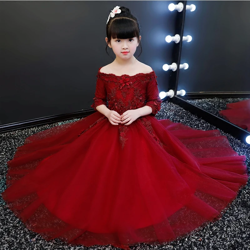 

Noble Elegant Kids Girls Wine-Red Pink Flowers Lace Princess Birthday Wedding Dress Children Shoulderless Prom Pageant Dress