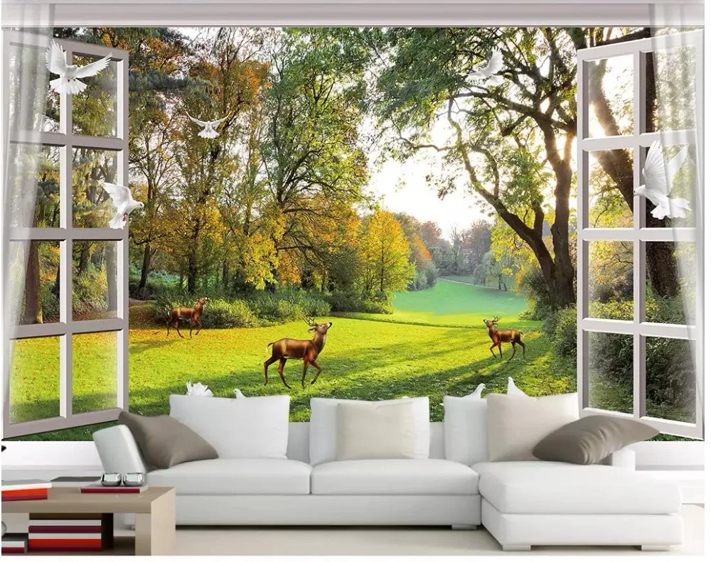Custom photo wallpaper for walls 3 d murals Window outside the forest small river deer dove TV background wall | Обустройство дома