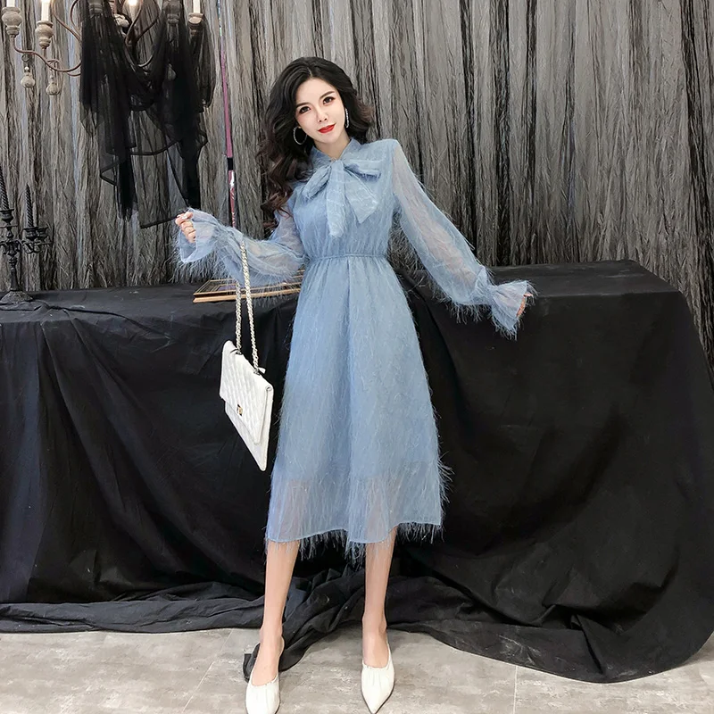 Женское шифоновое платье средней длины с бантом и бахромой весна-осень новинка