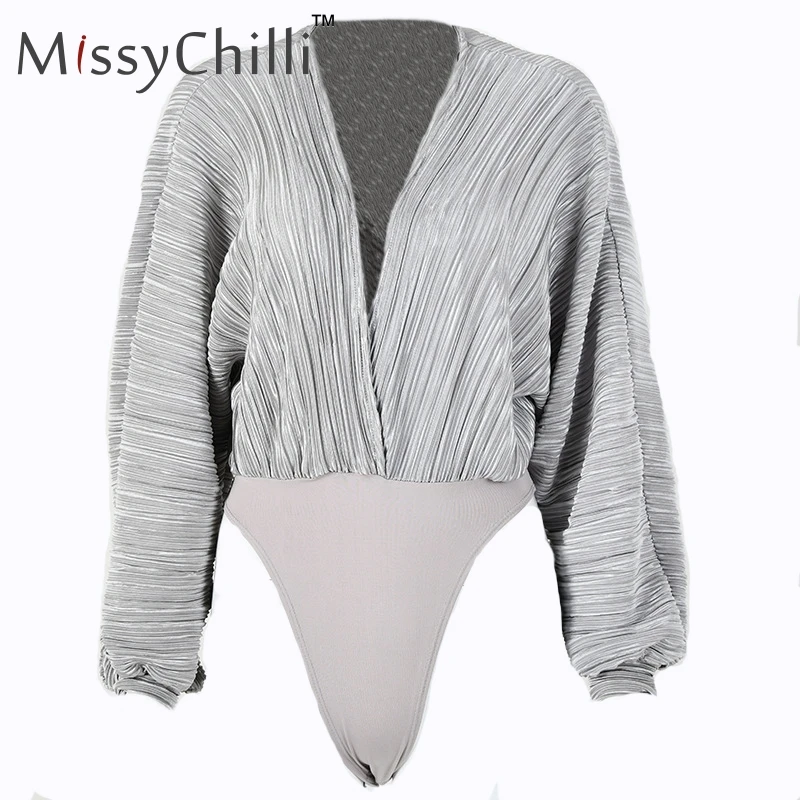 Серый MissyChilli сексуальный плиссированный глубокий v-образный вырез боди для женщин с длинными рукавами клубный боди Женский Осенний Элегантный Вечерние боди блузка рубашка - Цвет: Серый