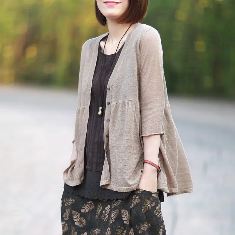 Женский тонкий кардиган с V-образным вырезом Свободный Повседневный льняной