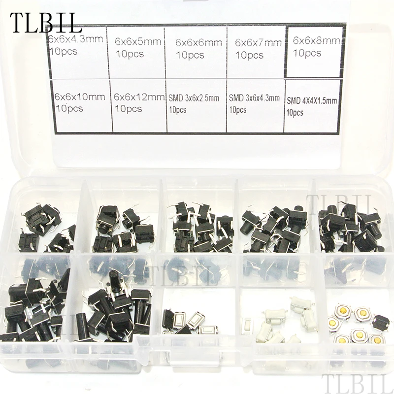 100 шт. 10 типов SMD набор в ассортименте Мгновенный Такт Тактильный кнопочный