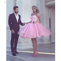 pink 2019 prom dress ball gown sweetheart knee length tulle lace beaded elegant short homecoming gowns cocktail dresses