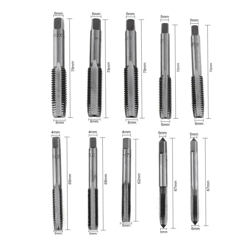 Hand Tool Tap Die 10pcs/set Screw Thread Metric Plugs Set M6 / M7 M8 M10 M12 with Straight Flute Drill for Woodworking | Инструменты