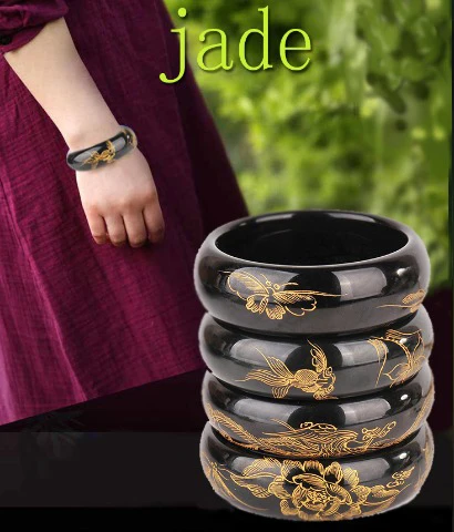 

Pure natural Xinjiang ink jade bracelet Hand-carved goldfish peony jade bracelet Variety of choice Fine jade jewelry