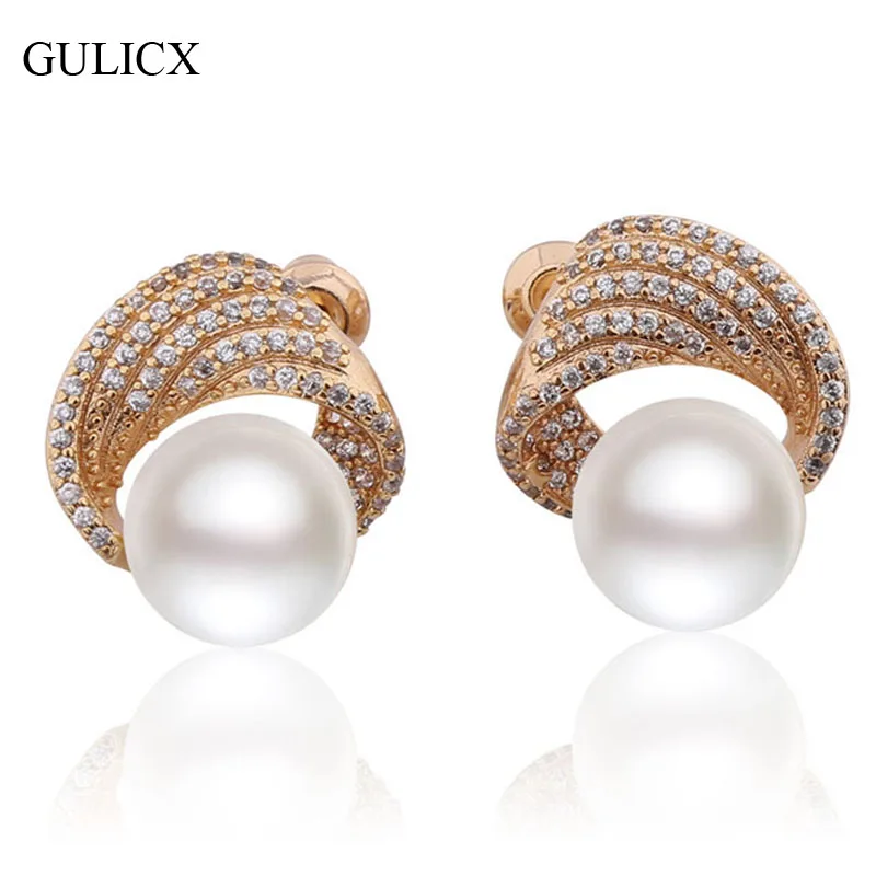 Женские серьги пусеты GULICX золотого цвета с белым кристаллом и фианитом E517|double pearl