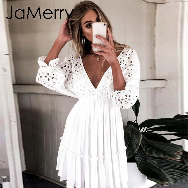 JaMerry винтажное Белое Женское мини платье с вышивкой летние выходные Пляж
