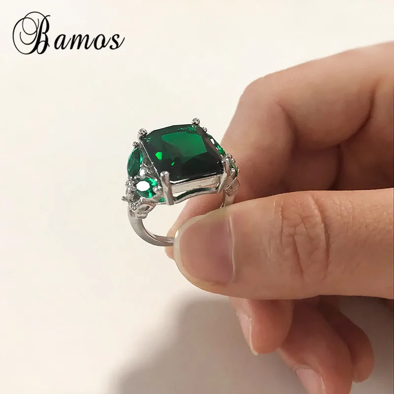 Bamos винтажные зеленый циркониевый большое кольцо Белое Золото Заполненные Свадебные украшения роскошное большое обещание на помолвку кольца для женщин лучший подарок