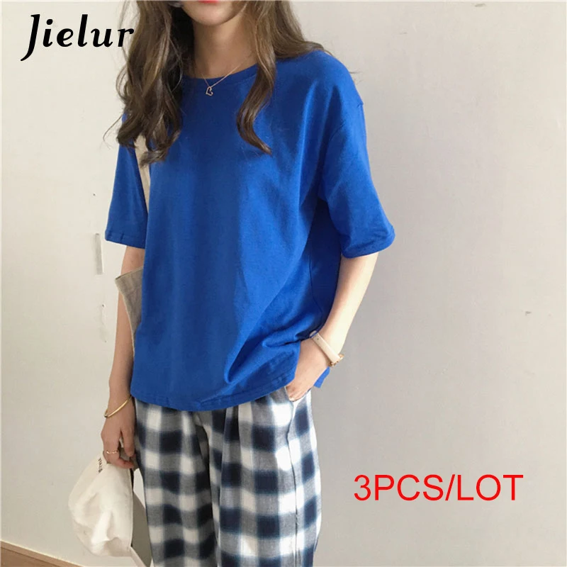 Bright blue Jielur 3 шт./лот футболки Женский 15 цветов основные Повседневное с О-образным вырезом Женская Футболка harajuku летний топ короткий рукав белая футболка S-XL - Цвет: Bright blue