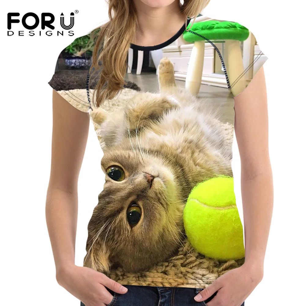 FORUDESIGNS/крутая 3D футболка с шотландским принтом кота женская модная укороченный