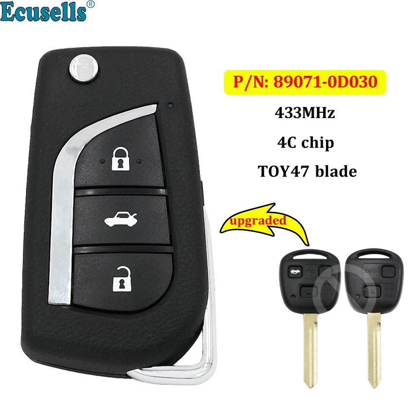 Обновленный дистанционный ключ 2/3 кнопок 433 МГц 4C Чип для Toyota Yaris Avensis Corolla P/N: 89071 0D030