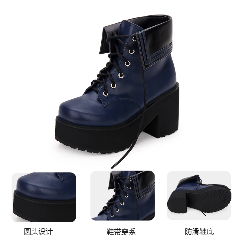 Princess sweet lolita shoes Japanese cool wind High heeled round head thick muffin collar Navy tie short boots women pu8878 Обувь