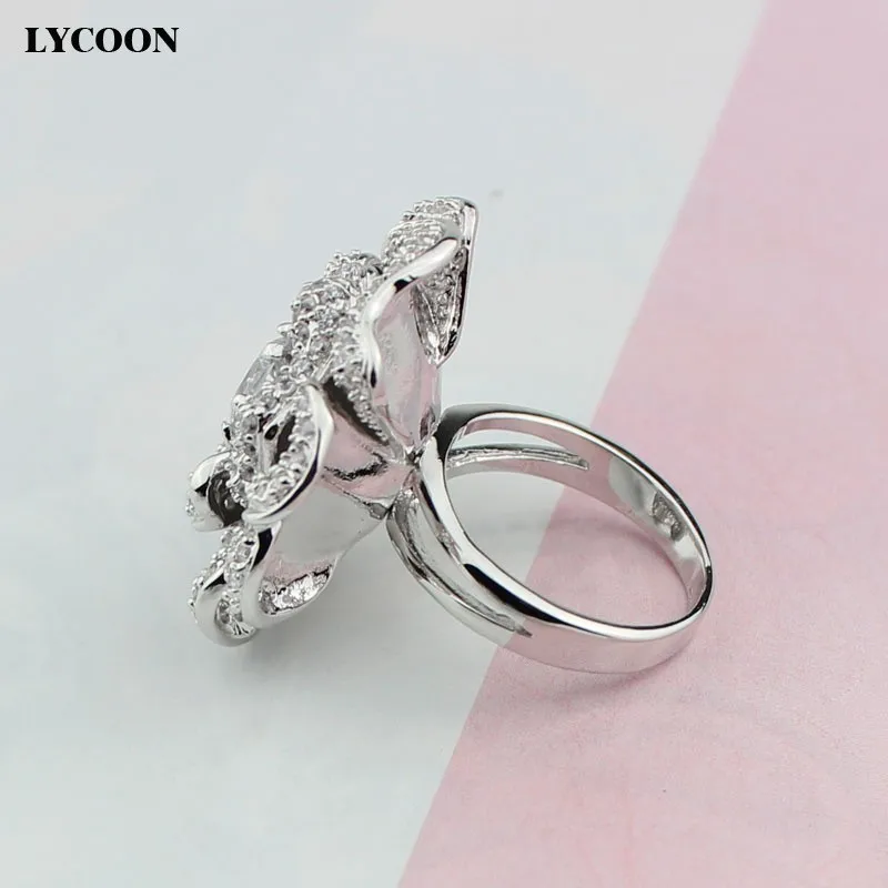 LYCOON, модные женские роскошные брендовые кольца с большим цветком розы, циркониевые кольца, высокое качество, посеребренные кольца с фианитами, вечерние кольца