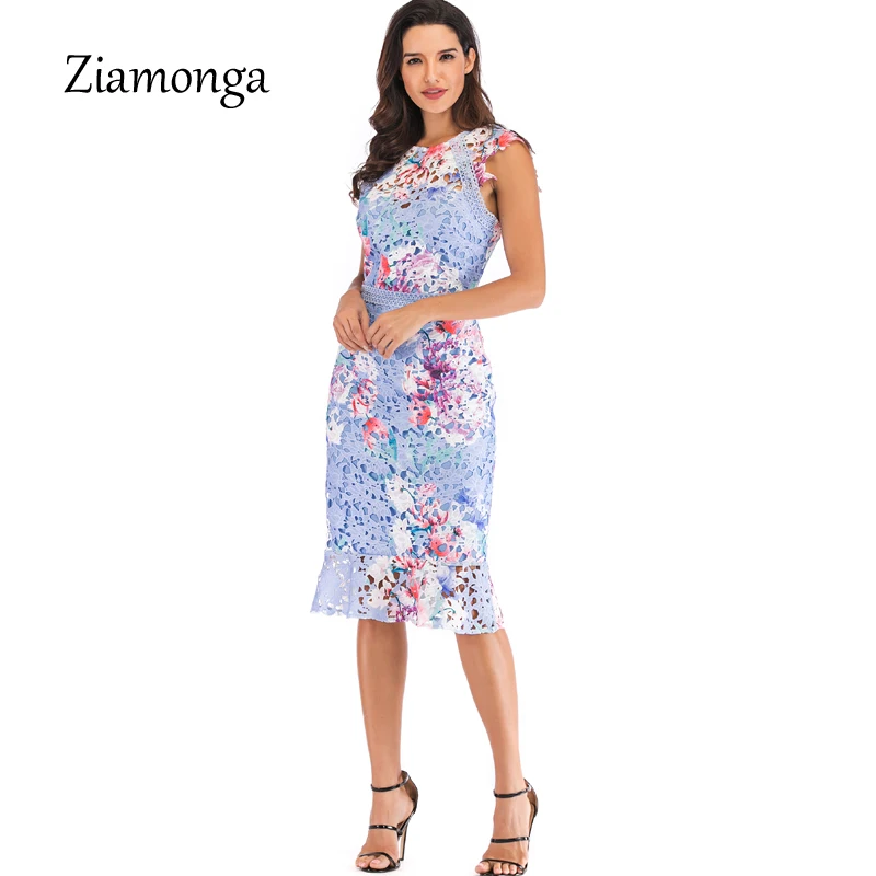 Ziamonga Autumn Women Fashion Mermaid Dress European Style Slim Sleeveless Printed Lace Party Elegant Sexy Bandage | Женская одежда