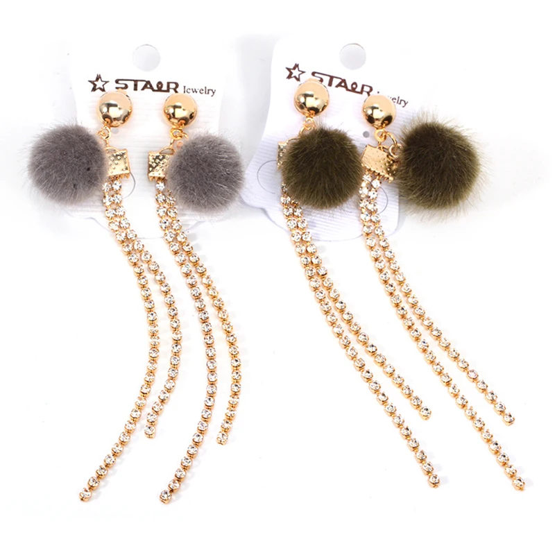 Модные серьги Помпоны со стразами для женщин милые шарики волос Женские