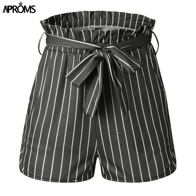 Aproms/женские шорты в разноцветную полоску с оборками,, повседневные шорты с высокой талией и завязками, женская уличная одежда, пляжные Мягкие Шорты Mujer