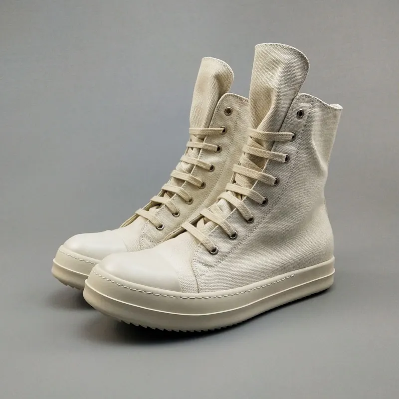 Men Casual Canvas Shoes High Luxury Trainers Lace-Up Zip Spring Male Basic White Brand Flats | Обувь
