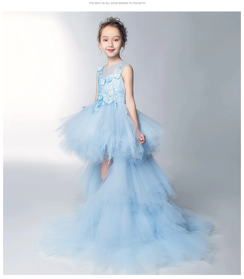 Светильник-голубое кружевное длинное платье со шлейфом и цветами для девочек