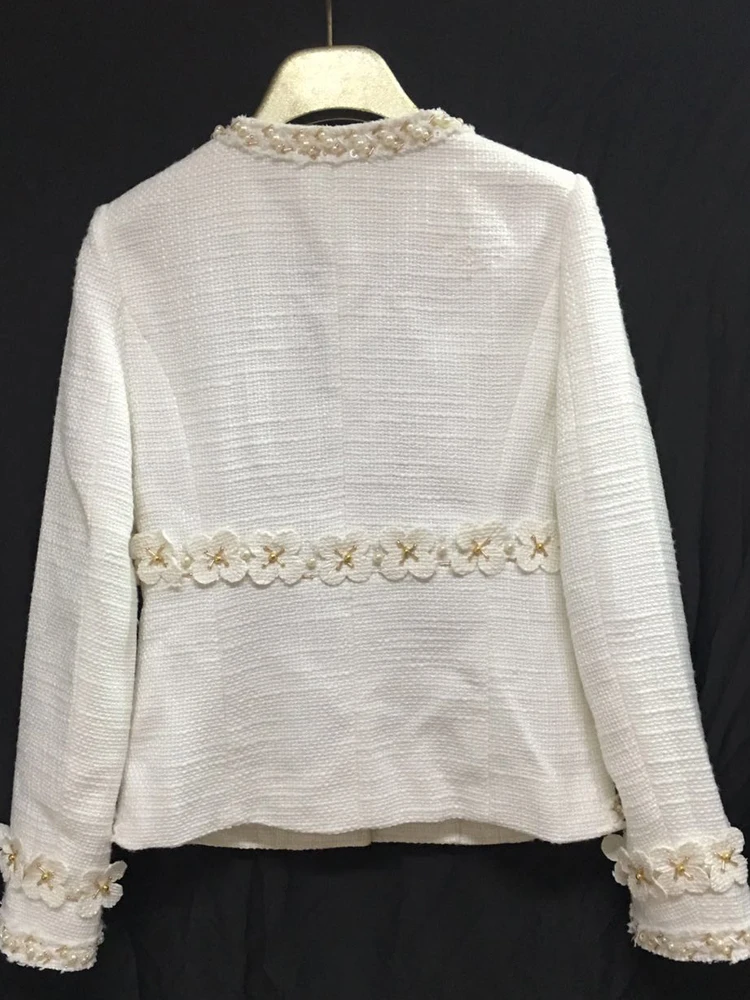 Handmade 2019 Runway Designer Luxury Brand Suit Fashion Vintage V Neck Stereoscopic Floral Beading Tweed Wool Jacket