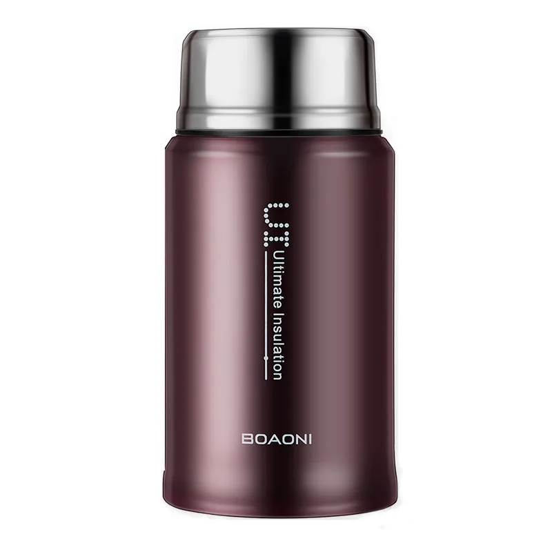 Brown 750ml BOAONI, 750 мл, термос, банка для еды с вакуумной изоляцией, нержавеющая сталь, термо-бокс для кухни, контейнер для еды, сохраняющий тепло, со складной ложкой - Цвет: Brown 750ml