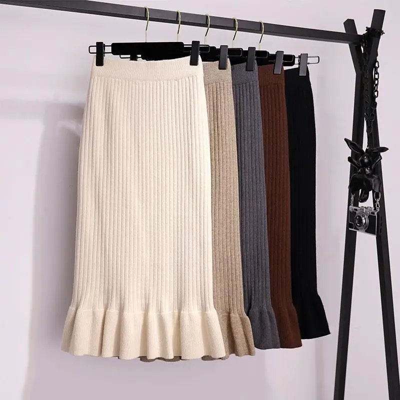 Vangull Women long sweater skirt Winter female ruffle midi pleated skirts maxi knitted high waist warm elegant Saias Jupe Femme