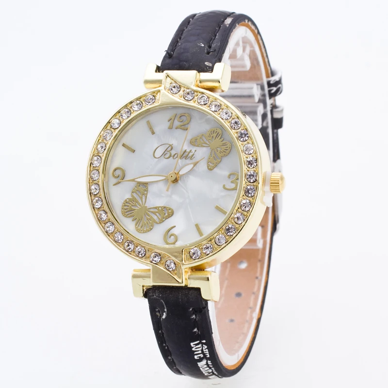 100pcs/lot botti-7 mini leather belt botti butterfly watch gold case flower crystal lady casual elegance wristwatch | Наручные часы