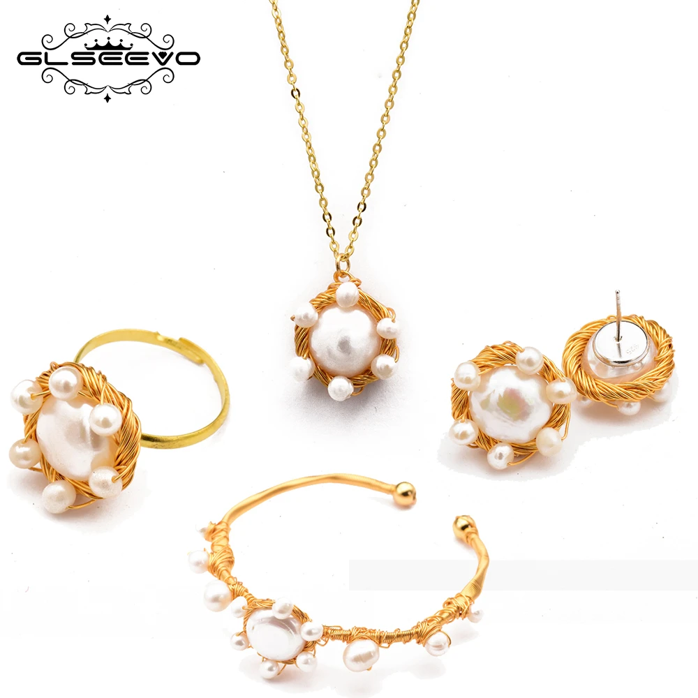 

Glseevo Handmade Natural Women'S Jewelry White Pearl Necklace Ring Bracelet Earring Set Women'S Party Korean High Jewelry GS0002