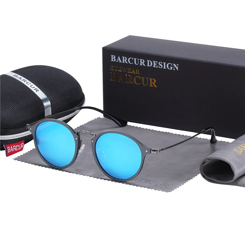 Blue Круглые темные очки в ретро стиле BARCUR, винтажные солнцезащитные алюминиевые очки для мужчин и женщин - Цвет линз: Blue