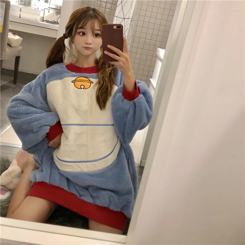 Kawaii autumn winter 2018 ulzzang Korea Women's Clothing cartoon cat Harajuku oversize Nightdress flannel long sleeve dresses | Женская