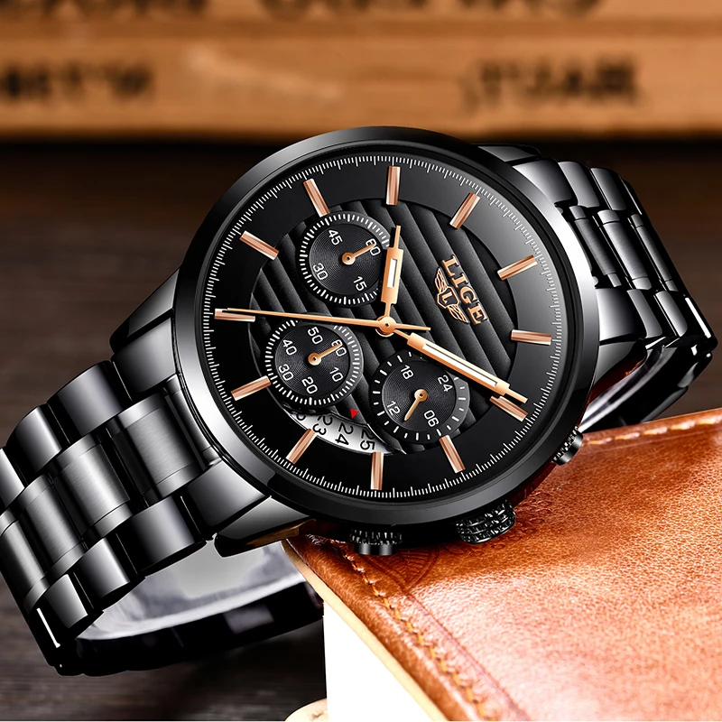 Мужские спортивные часы LIGE брендовые Роскошные водонепроницаемые кварцевые из